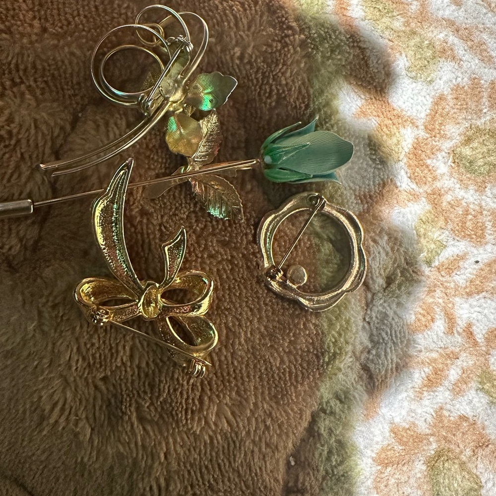 Gold-Tone Floral Brooch and Green Tulip Pin Set